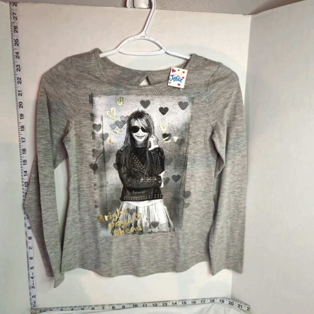JUSTICE BRAND GIRLS GREY GRAPHIC SHIRT SIZE 10 LONG SLEEVE